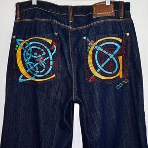 Coogi Mens Blue Embroidered Jeans 40 x 34 Cotton Dark Wash Denim Hip Hop Pants